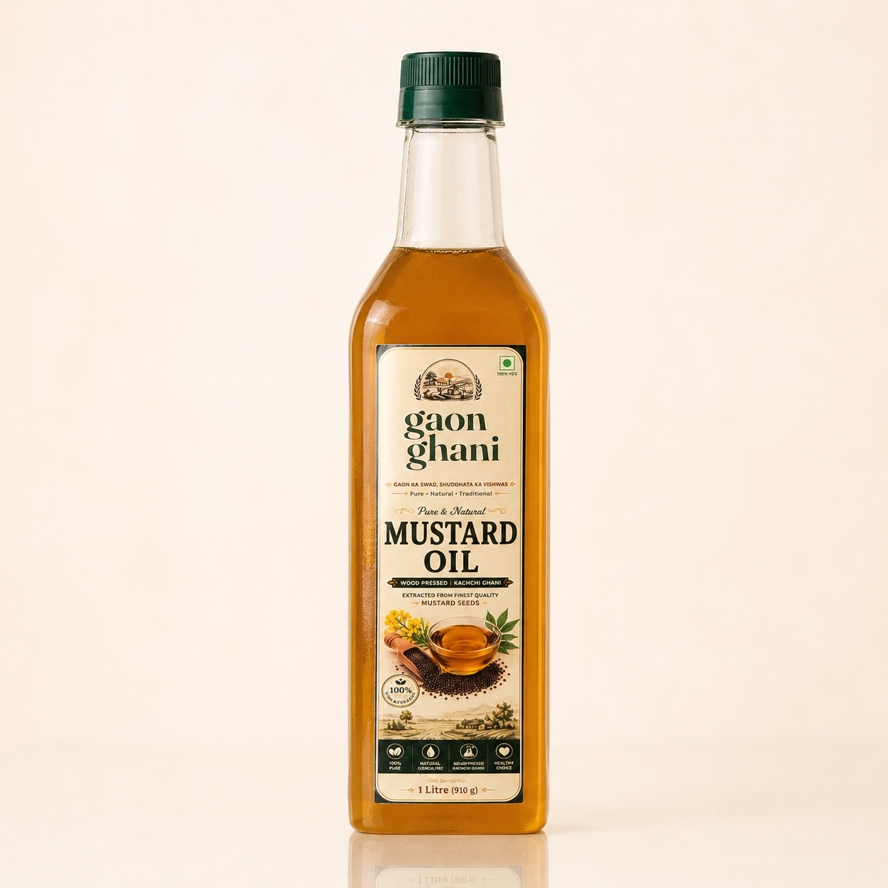 Gaon Ghani wood pressed kachchi ghani mustard oil in a 1 litre glass bottle
